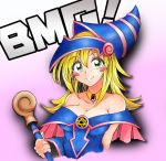  1girl bare_shoulders blonde_hair blush blush_stickers breasts choker cleavage dark_magician_girl duel_monster green_eyes hat large_breasts long_hair pentacle smile solo staff wizard_hat yu-gi-oh! yuu-gi-ou_duel_monsters 