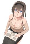  1girl bare_shoulders bespectacled blue_eyes book breasts brown_hair cleavage downblouse glasses headband highres idolmaster idolmaster_cinderella_girls looking_over_glasses open_mouth ribbed_sweater sagisawa_fumika simple_background solo spicy_moo sweater 