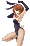  1girl absurdres alternate_costume animal_ears aono3 arms_up ascot bangs black_gloves black_leotard black_shoes breasts brown_eyes brown_hair bunny_tail bunnysuit cowboy_shot detached_collar elbow_gloves fake_animal_ears fake_tail fishnet_pantyhose fishnets from_side girls_und_panzer gloves highres leg_up leotard looking_at_viewer medium_breasts nishizumi_miho open_mouth pantyhose rabbit_ears shoes short_hair sideboob simple_background smile solo standing standing_on_one_leg strapless strapless_leotard tail white_background 
