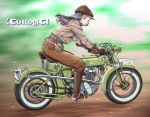  1girl black_eyes black_hair boots gloves ground_vehicle hat jacket light_smile long_hair looking_at_viewer mihoto_kouji motor_vehicle motorcycle original riding solo watermark web_address 