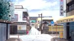  balcony building clouds cloudy_sky commentary_request day highres hirota_(masasiv3) house no_humans outdoors road road_sign scenery shop sign sky street traffic_mirror tree 