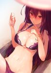  1girl bangle bikini blurry bracelet breasts cleavage depth_of_field fate/grand_order fate_(series) finger_to_mouth hair_between_eyes halterneck highres hplay index_finger_raised jewelry large_breasts lying navel purple_bikini purple_hair red_eyes sand scathach_(fate/grand_order) scathach_(swimsuit_assassin)_(fate) shiny shiny_skin smile solo swimsuit 
