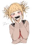  1girl :d blush boku_no_hero_academia cardigan crazy_smile cropped_torso double_bun fangs hair_bun hands_on_own_face heart highres long_sleeves looking_at_viewer open_mouth school_uniform serafuku signature simple_background smile solo teeth toga_himiko white_background yandere_trance yellow_eyes 