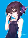  1girl bare_shoulders black_hair blue_background breasts brown_eyes butterfly_hair_ornament collarbone commentary_request doomblade eyebrows_visible_through_hair eyes_visible_through_hair fate/kaleid_liner_prisma_illya fate_(series) flower hair_flower hair_ornament hairclip looking_at_viewer miyu_edelfelt open_mouth simple_background small_breasts solo twitter_username upper_body 