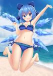  1girl absurdres arm_up armpits bangs bare_arms bare_legs barefoot bikini blue_bikini blue_bow blue_eyes blue_hair blue_sky bow cirno clouds cloudy_sky day frilled_bikini frills full_body hair_bow highres ice ice_wings looking_at_viewer navel outdoors short_hair side-tie_bikini sky smile solo stomach suigetsu_(watermoon-910) summer swimsuit touhou wings 