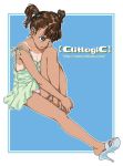  1girl blue_eyes brown_hair feet full_body hands_on_feet hands_together high_heels mihoto_kouji one-piece_tan original outline panties pink_panties short_hair short_twintails skirt solo spaghetti_strap strap_slip tan tanline twintails underwear v_arms watermark web_address 