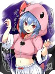  1girl animal_hood bangs bat_wings bloomers blue_hair claw_pose commentary commentary_request fang hair_between_eyes hood looking_at_viewer midriff navel open_mouth red_eyes red_ribbon remilia_scarlet ribbon sleeves_rolled_up smile solo tirotata touhou translation_request underwear wings 