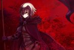 1girl armor armored_dress banner black_cape black_dress blonde_hair breasts breasts_apart cape dress fate/grand_order fate_(series) hair_between_eyes highres holding holding_weapon jeanne_alter looking_at_viewer medium_breasts minmean_089 orange_eyes red_background ruler_(fate/apocrypha) short_hair solo standing weapon 