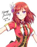  1girl 2016 bokura_no_live_kimi_to_no_life dated eyebrows_visible_through_hair feathers hair_feathers happy_birthday highres idol kyuusenbinore_(gavion) long_hair looking_at_viewer love_live! love_live!_school_idol_project necktie nishikino_maki red_necktie redhead short_necktie short_sleeves simple_background smile solo standing upper_body violet_eyes white_background white_feathers 
