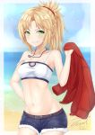  1girl belt blonde_hair blush breasts cleavage collarbone denim denim_shorts eyebrows_visible_through_hair fate/grand_order fate_(series) green_eyes jewelry large_breasts looking_at_viewer navel necklace parted_lips saber_of_red short_hair short_ponytail shorts smile solo teeth unel1211 