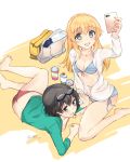  2girls abenattou artist_name bag barefoot bikini blonde_hair blue_bikini breasts brown_eyes brown_hair caesar_(girls_und_panzer) carpaccio cellphone eyebrows_visible_through_hair front-tie_bikini front-tie_top girls_und_panzer green_eyes green_jacket highres holding holding_cellphone holding_phone jacket long_hair long_sleeves looking_at_another lying medium_breasts multiple_girls navel no_pants ok_sign on_side open_clothes open_jacket open_mouth phone red_bikini self_shot short_hair side-tie_bikini signature sitting smartphone smile soda_cup striped striped_bikini sunglasses sunglasses_on_head swimsuit wariza white_jacket 