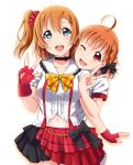  2girls absurdres ahoge black_bow blue_eyes blush bow breasts brown_hair collarbone eyebrows_visible_through_hair fingerless_gloves gloves hair_bow highres kousaka_honoka large_breasts looking_at_viewer love_live! love_live!_school_idol_project love_live!_sunshine!! multiple_girls navel open_mouth orange_hair pink_eyes puffy_short_sleeves puffy_sleeves red_gloves shiokazunoko short_hair short_ponytail short_sleeves side_ponytail smile takami_chika v 