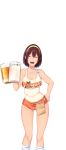  1girl bare_arms bare_shoulders beer_mug breasts brown_hair butcha-u cleavage closed_eyes collarbone cowboy_shot cup drinking_glass eyelashes game_cg hair_between_eyes hairband hand_on_hip hand_up holding holding_drinking_glass holding_glass hooters kenzen!_hentai_seikatsu_no_susume kneehighs large_breasts legs_apart looking_at_viewer maezono_chinami name_tag open_mouth orange_shorts pouch ribbed_legwear short_hair short_shorts shorts sleeveless smile solo standing tank_top teeth transparent_background white_legwear yellow_hairband 