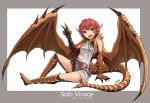  1girl :d belt commentary_request dragon_girl dragon_tail dragon_wings fang hitokuirou horns jewelry looking_at_viewer monster_girl open_mouth original paws pendant pixiv_fantasia pixiv_fantasia_revenge_of_the_darkness red_eyes redhead scales short_hair simple_background sitting slit_pupils smile solo spikes tail v wings 