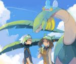  1boy 1girl banana bandanna black_hair blue_eyes brown_hair clouds dress eating food fruit haruka_(pokemon) haruka_(pokemon_emerald) hat holding holding_fruit mudkip orange_dress pokemon pokemon_(game) pokemon_rse ririchp short_hair sky sleeveless sleeveless_dress tropius wing_collar yuuki_(pokemon) yuuki_(pokemon_emerald) 