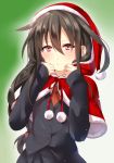  1girl black_hair blazer braid hat hatsushimo_(kantai_collection) hood jacket juurouta kantai_collection long_hair low-tied_long_hair red_eyes santa_hat school_uniform skirt smile solo 