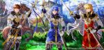  3boys armor blonde_hair blue_eyes boots brown_hair cape day fire_emblem fire_emblem:_seisen_no_keifu fire_emblem:_thracia_776 fire_emblem_cipher gloves highres holding holding_weapon jewelry long_hair male_focus mayo_(becky2006) multiple_boys official_art short_hair smile sword violet_eyes weapon 