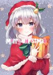  1girl absurdres alternate_costume blue_eyes breasts christmas gift hair_ornament highres kantai_collection kashima_(kantai_collection) large_breasts looking_at_viewer mochiko_(mocchikkoo) santa_costume silver_hair smile solo twintails wavy_hair 