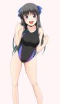  1girl black_swimsuit blue_bow borrowed_character bow breasts competition_swimsuit covered_navel cowboy_shot fuuma_nagi gluteal_fold grey_background hair_bow highres long_hair looking_at_viewer medium_breasts one-piece_swimsuit open_mouth original simple_background smile solo standing swimsuit violet_eyes 
