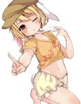  1girl animal_ears bangs bare_legs barefoot blonde_hair blush brown_eyes brown_hat bunny_tail commentary_request eyebrows_visible_through_hair floppy_ears food hat highres holding holding_food index_finger_raised karasusou_nano looking_at_viewer midriff mochi mouth_hold navel one_eye_closed orange_shirt orange_shorts rabbit_ears ringo_(touhou) shirt short_hair short_sleeves shorts simple_background solo tail touhou wagashi white_background 