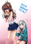  2girls :o aqua_eyes bdsm blue_skirt blush bow brown_hair crossover eromanga_sensei frilled_skirt frills gradient gradient_background gradient_hair green_jacket hair_bow headset hidaka_toworu izumi_sagiri jacket kneehighs long_hair multicolored_hair multiple_girls open_mouth pink_background pink_bow pink_hair skirt standing to_love-ru to_love-ru_darkness translation_request trembling white_background yuuki_mikan 