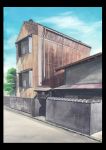 absurdres blue_sky border building calligraphy_brush_(medium) clouds commentary_request day fence gate highres hirota_(masasiv3) no_humans outdoors road scenery sky street tree window windowboxed 
