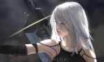  1girl bare_shoulders blue_eyes elbow_gloves gloves highres long_hair mole mole_under_mouth nier_(series) nier_automata solo sword weapon white_background wlop yorha_type_a_no._2 