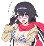  1girl 9a-91_(girls_frontline) 9a-91_(girls_frontline)_(cosplay) adjusting_glasses bespectacled bikini_top black_hair cosplay fingerless_gloves front-tie_top girls_frontline glasses gloves hairband jacket long_hair looking_at_viewer mole mole_under_eye red_scarf scarf simple_background smile solo super_sass_(girls_frontline) vanna violet_eyes 