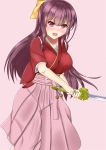  1girl blush bow breasts hair_bow hakama holding holding_sword holding_weapon japanese_clothes kamikaze_(kantai_collection) kantai_collection kimono large_breasts long_hair nose_blush open_mouth pink_background pink_eyes pink_skirt pleated_skirt purple_hair simple_background skirt solo sword tears tomohiro_(duo) weapon yellow_bow 