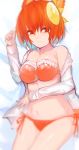  1girl absurdres animal_ears bare_shoulders blush bra breasts cat_ears cleavage closed_mouth collarbone eyebrows_visible_through_hair highres large_breasts looking_at_viewer navel orange_bra orange_eyes orange_hair orange_panties original panties short_hair smile solo tarbo_(exxxpiation) underwear 