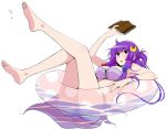  1girl barefoot bikini blue_bow blush book bow breasts cleavage commentary_request crescent crescent_hair_ornament eichi_yuu feet hair_bow hair_ornament holding innertube legs_up long_hair looking_at_viewer open_book open_mouth partially_submerged patchouli_knowledge polka_dot purple_bikini purple_hair red_bow swimsuit touhou very_long_hair violet_eyes white_background 