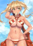  1girl aestus_estus ahoge bikini blonde_hair blue_sky bracelet breasts clouds day earrings eyebrows_visible_through_hair fate/grand_order fate_(series) food green_eyes hand_on_hip jewelry large_breasts long_hair looking_to_the_side mouth_hold navel nero_claudius_(swimsuit_caster)_(fate) popsicle rr_(realreal) saber_extra side-tie_bikini sky solo standing striped striped_bikini swimsuit sword tan tanline twintails weapon 