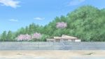  beach blue_sky building cherry_blossoms clouds commentary_request day forest grass highres hirota_(masasiv3) nature no_humans outdoors scenery shore sky stairs tree wall water 