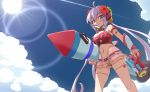  1girl ahoge arm_strap bare_shoulders bikini blue_sky blush breasts cleavage clouds day eyebrows_visible_through_hair flower food gluteal_fold hair_flower hair_ornament inflatable_toy large_breasts lens_flare long_hair looking_at_viewer mouth_hold navel outdoors popsicle red_bikini senki_zesshou_symphogear silver_hair sky solo sun swimsuit thigh-highs thigh_strap twintails uganda very_long_hair violet_eyes water_gun yukine_chris 