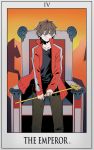  1boy brown_hair collarbone commentary highres horns jacket kagerou_project kisaragi_shintarou male_focus mazumaro red_jacket redhead roman_numerals scepter sheep_horns solo standing tarot text the_emperor throne track_jacket 
