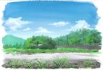  blue_sky calligraphy_brush_(medium) clouds commentary_request day grass highres hirota_(masasiv3) no_humans outdoors railing road scenery sky telephone_pole traditional_media tree watercolor_(medium) 