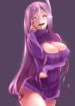  1girl :d absurdres black_background blue_eyes blush breasts commentary_request hand_on_own_face head_tilt highres huge_breasts long_hair looking_at_viewer lun7732 meme_attire open-chest_sweater open_mouth purple_hair purple_sweater ribbed_sweater sleeves_past_wrists smile solo sweater tower_of_saviors turtleneck turtleneck_sweater valkyrie_(tower_of_saviors) very_long_hair 