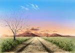  absurdres bare_tree blue_sky clouds commentary_request day gradient_sky grass highres hill hirota_(masasiv3) no_humans outdoors road scenery sky sunset tree 