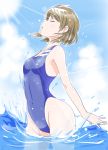  1girl blue_eyes blue_swimsuit breasts brown_hair competition_swimsuit cowboy_shot highleg highleg_swimsuit highres love_live! love_live!_sunshine!! one-piece_swimsuit senbei_(user_fmpw5233) short_hair small_breasts solo swimsuit watanabe_you 