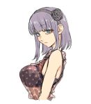  1girl bangs black_bra blue_eyes blunt_bangs bra breasts commentary_request dagashi_kashi expressionless eyebrows_visible_through_hair flower from_side hair_flower hair_ornament hairband hand_on_own_chest highres kotoyama large_breasts lavender_hair looking_at_viewer ringed_eyes see-through shidare_hotaru shirt sidelocks sleeveless sleeveless_shirt solo translucent_shirt underwear upper_body white_background 