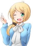  1girl blonde_hair blue_coat blue_jacket blush breasts bulbonne chalk ellen_baker green_eyes hair_ornament hair_scrunchie jacket large_breasts long_hair looking_at_viewer low_ponytail new_horizon one_eye_closed open_mouth ponytail scrunchie shirt smile solo white_shirt 