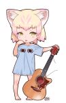  1girl 2017 animal_ears barefoot blonde_hair blue_shirt blush cat_ears extra_ears guitar half-closed_eyes hand_on_own_chin highres holding holding_instrument instrument kemono_friends looking_at_viewer mewhan multicolored_hair no_tail official_art purple_hair sand_cat_(kemono_friends) shirt short_hair short_sleeves signature simple_background solo standing tongue tongue_out white_background yoshizaki_mine 