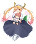  2girls absurdres blush character_doll closed_mouth doll dragon_tail elbow_gloves eyebrows_visible_through_hair glasses gloves highres holding_doll kobayashi-san_chi_no_maidragon kobayashi_(maidragon) long_hair looking_at_viewer maid_headdress multiple_girls orange_eyes orange_hair pantyhose ponytail puffy_short_sleeves puffy_sleeves redhead seungju_lee short_sleeves smile tail tooru_(maidragon) twintails white_gloves white_legwear 
