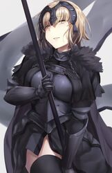  1girl armor armored_dress bangs black_gloves black_legwear blonde_hair breasts cape chains elbow_gloves fate/grand_order fate_(series) faulds flag fur_trim gauntlets gloves grin hair_between_eyes headpiece highres hiromochi_(hiro39ra1) holding holding_flag jeanne_alter large_breasts looking_at_viewer parted_lips pink_lips ruler_(fate/apocrypha) short_hair smile solo teeth thigh-highs upper_body yellow_eyes 