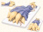  1girl :3 animal_ears barefoot blonde_hair closed_eyes commentary_request fox_ears fox_tail lying mattress multiple_views on_back on_side pillow shirosato short_hair sleeveless smile tail touhou under_covers yakumo_ran 