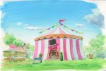  bench blue_sky circus clouds commentary_request day flag highres hirota_(masasiv3) no_humans outdoors park scenery shop sky stand tent tree 