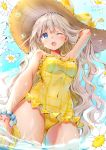  1girl bare_shoulders blue_eyes blush bow bracelet breasts covered_navel eyebrows_visible_through_hair hat hat_bow hat_ribbon highres jewelry large_breasts looking_at_viewer one_eye_closed open_mouth original ribbon shiratama_akane silver_hair smile solo straw_hat yellow_bow yellow_ribbon 