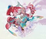  1boy fins fish_girl fishman gills hair_ornament jewelry long_hair mipha monster_boy monster_girl multicolored multicolored_skin muscle no_eyebrows pointy_ears ponytail red_skin sharp_teeth sidon smile teeth the_legend_of_zelda the_legend_of_zelda:_breath_of_the_wild yellow_eyes zora 