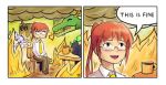  2girls breasts brown_eyes chair coffee_mug comic dave-shino dragon dragon_horns english fire glasses gunshow_(comic) horns jitome kanna_kamui kobayashi-san_chi_no_maidragon kobayashi_(maidragon) large_breasts meme multicolored_hair multiple_girls necktie out_of_frame ponytail quetzalcoatl_(maidragon) redhead shirt sitting smile table this_is_fine tooru_(dragon)_(maidragon) tooru_(maidragon) two-tone_hair white_shirt 