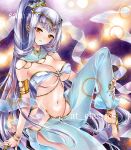  1girl at_classics barefoot breasts dancer earrings feet jewelry large_breasts long_hair marker_(medium) navel orange_eyes original ponytail ring silver_hair smile solo traditional_media very_long_hair 